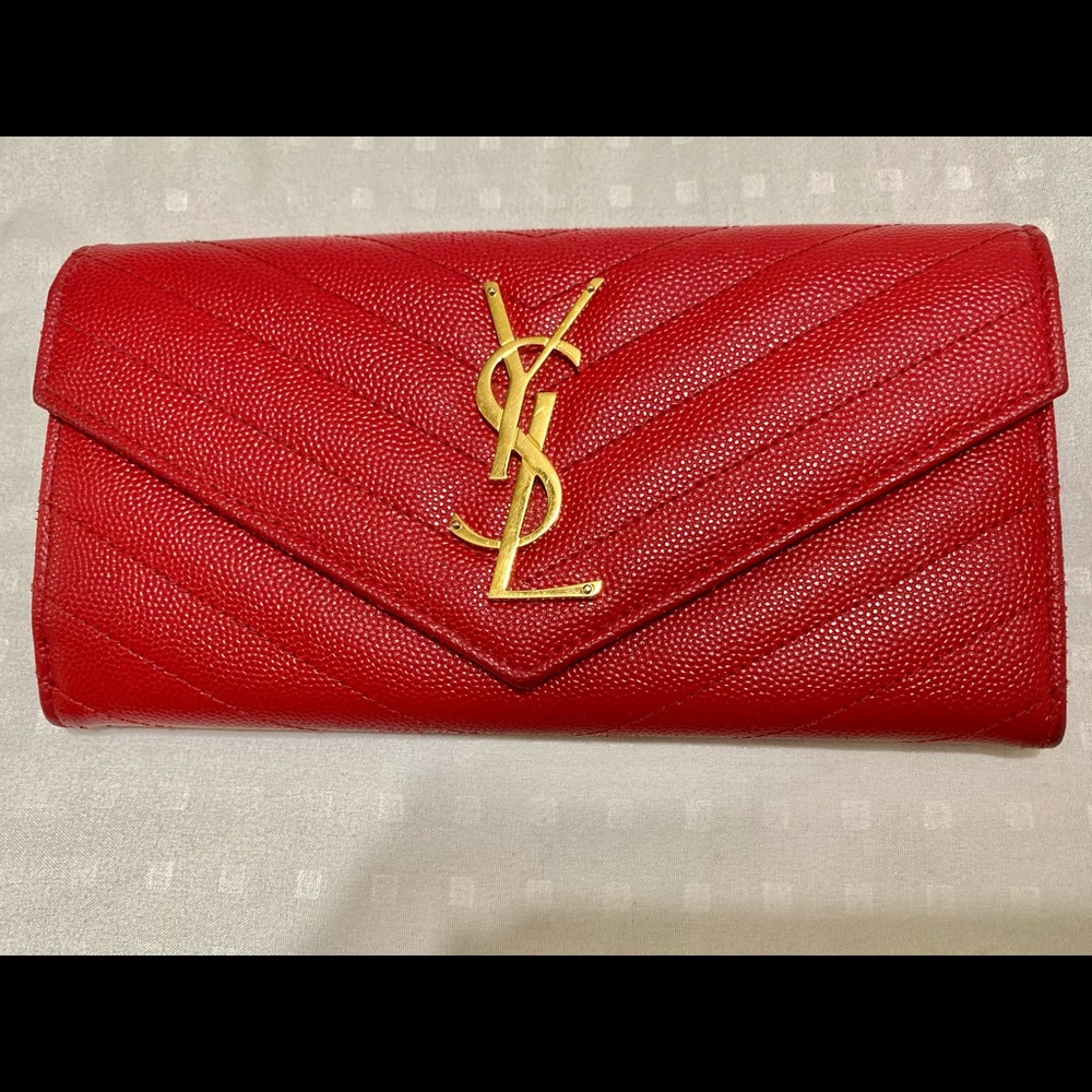 YSL Yves Saint Laurent Grained Flap red wallet